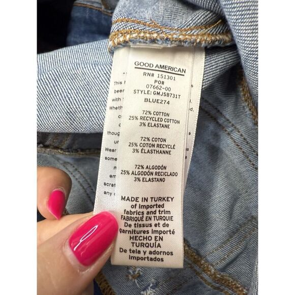 Good American Denim Short Sleeve Jumpsuit Size 4 Zip Front Flare Legs Blue - Picture 15 of 16